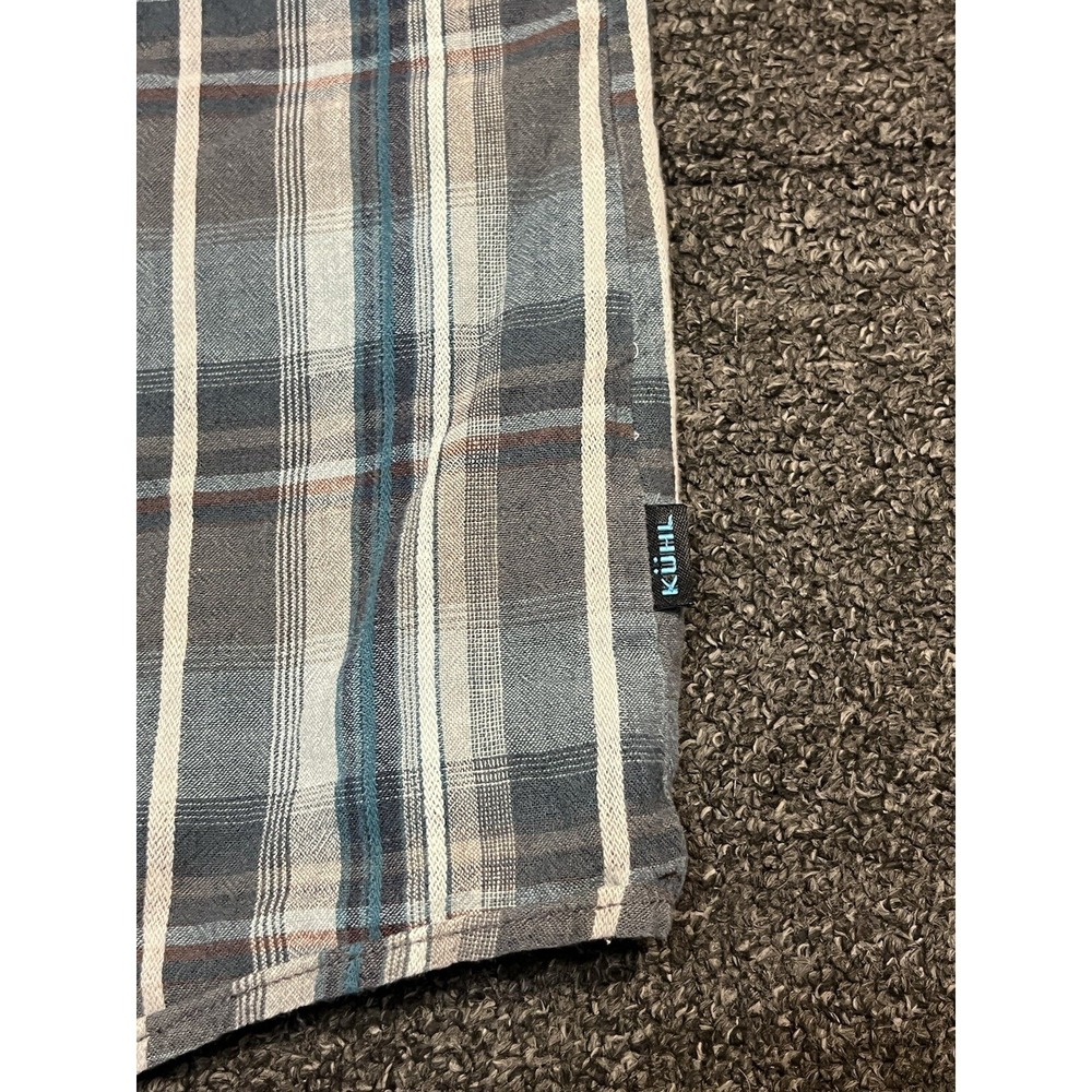 Kuhl Button Shirt Mens XL Blue Plaid Short Sleeve Outdoor Hiking Top Linen Blend - Picture 3 of 6